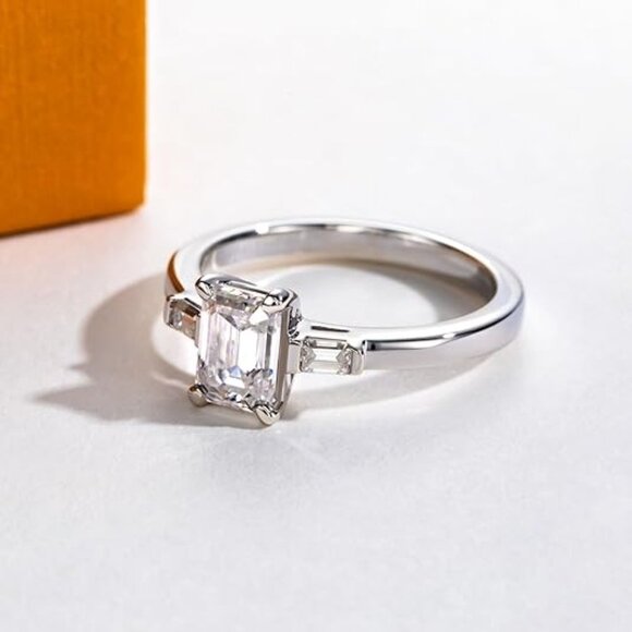 1.2cttw Emerald Cut Moissanites 3 stone D Color VVS1 Clarity Engagement Ring - Picture 1 of 6